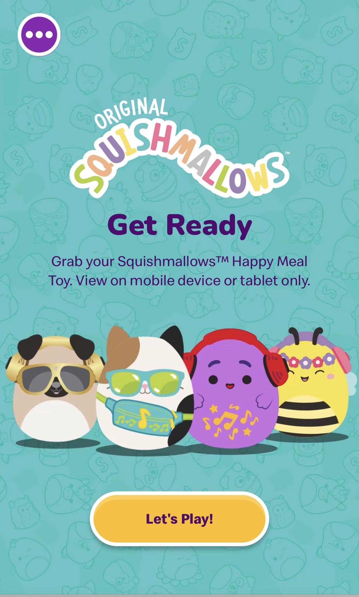 The entrance of the digital element for the Squishmallows Happy Meal with the Squishmallows logo, toys, and the text 