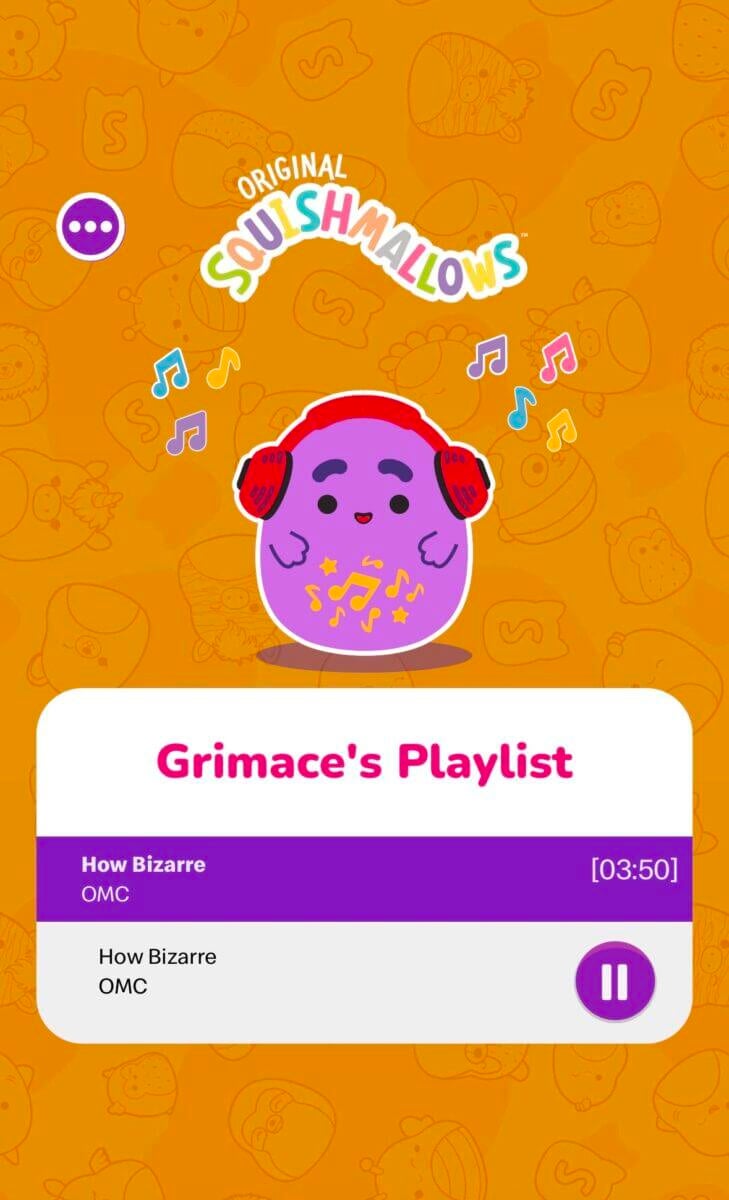 Une image du Grimace Squishmallows et de sa playlist sur un fond marron.