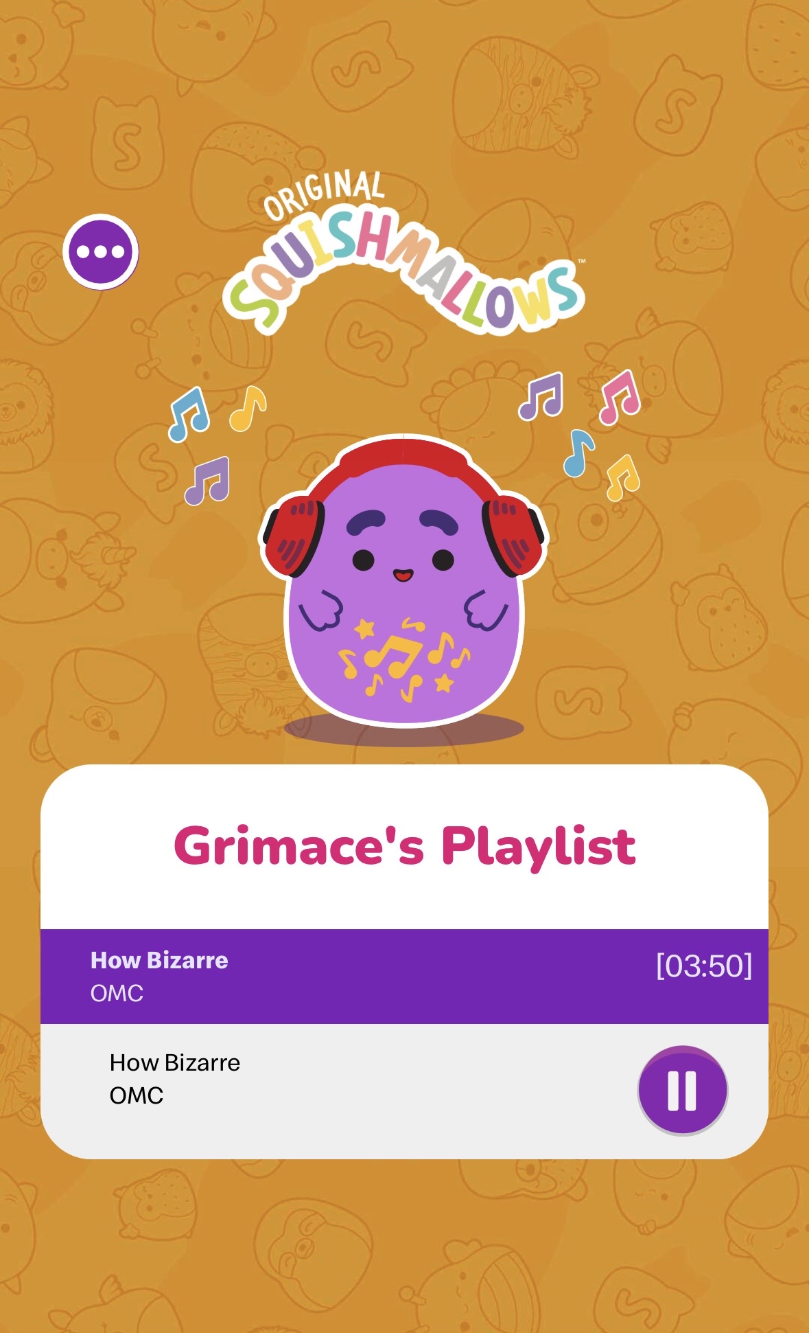 An image of the Grimace Squishmallows and his playlist on a brown background