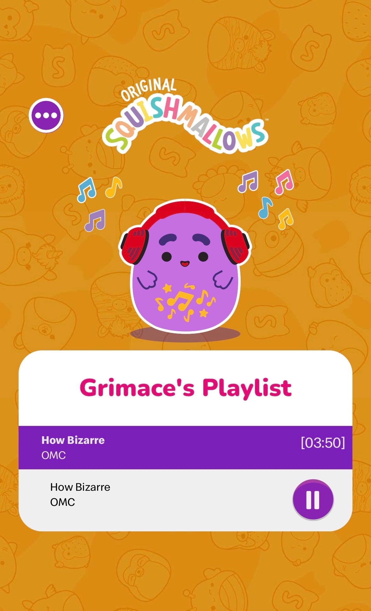 An image of the Grimace Squishmallows and his playlist on a brown background