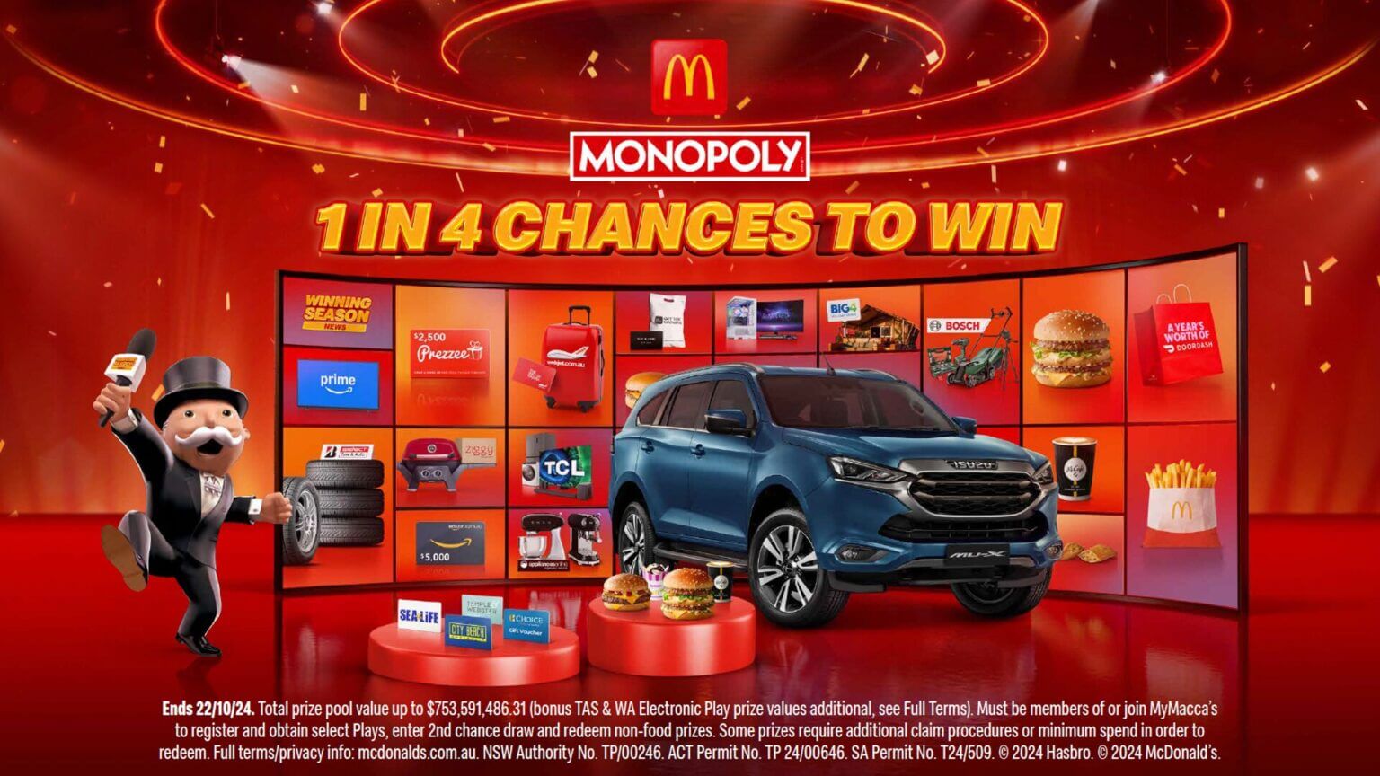Affiche Monopoly Australia contenant le texte « 1 in 4 chances to win » et une voiture bleue en guise de prix