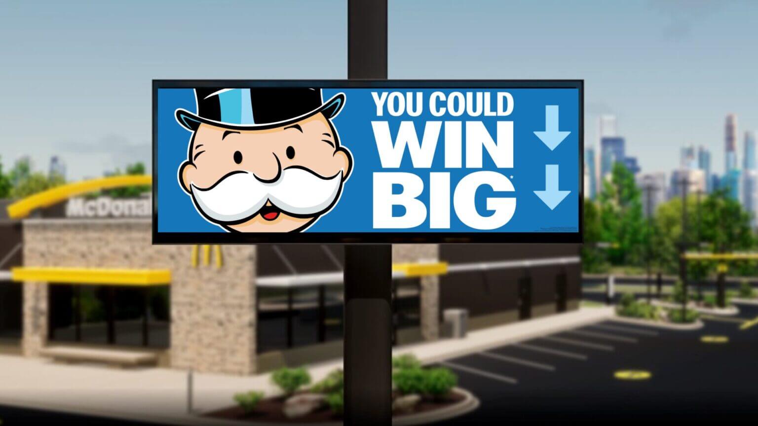 Panneau promotionnel du Monopoly aux États-Unis avec le texte "You Could Win Big" et M. Monopoly à gauche.