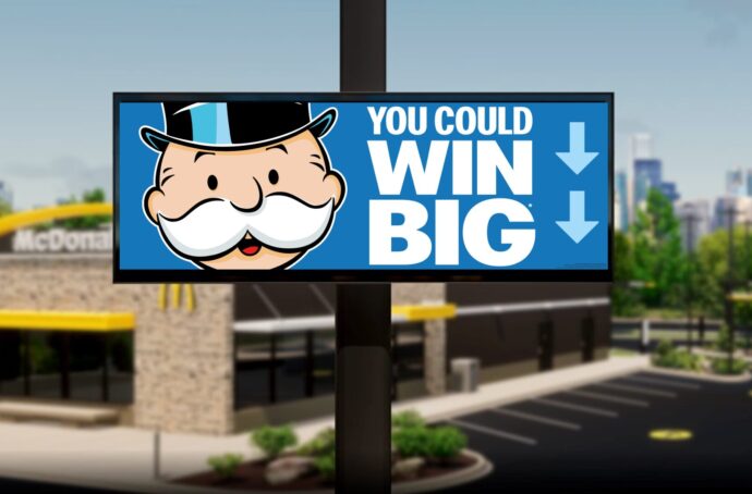 Monopoly US promotional billboard with the text "You Could Win Big" and Mr Monopoly on the left