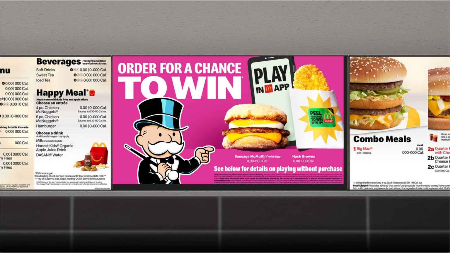 Menuboard McDonald's avec une affiche promotionnelle du Monopoly américain