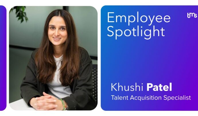 Blue graphic with a headshot of Khushi Patel on the left and the text "Employee Spotlight - Khush Patel" on the right