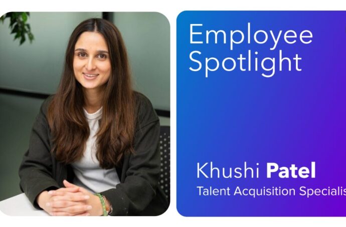 Blue graphic with a headshot of Khushi Patel on the left and the text "Employee Spotlight - Khush Patel" on the right