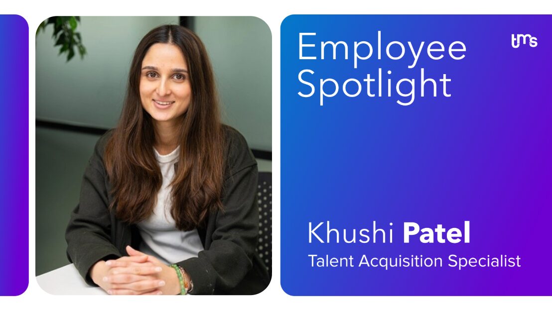 Blue graphic with a headshot of Khushi Patel on the left and the text "Employee Spotlight - Khush Patel" on the right