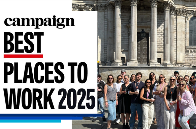 Group of tms colleagues posing for a photos with the text "Campaign Best Places to Work" on the left