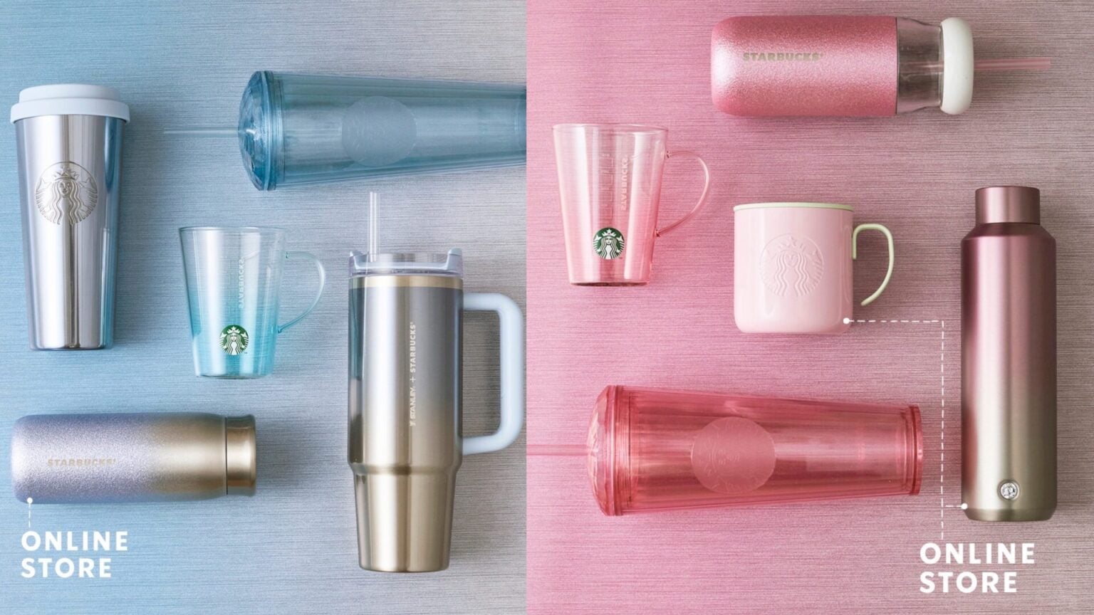 An assortment of pink and blue Starbucks tumblers