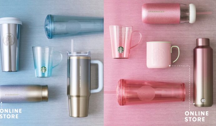 An assortment of pink and blue Starbucks tumblers
