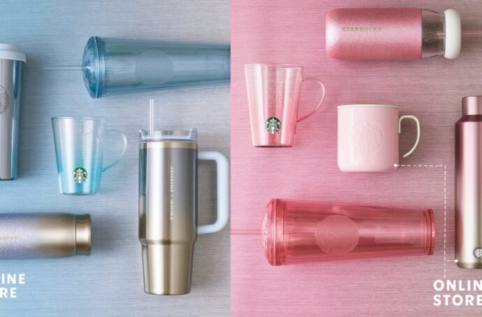 An assortment of pink and blue Starbucks tumblers