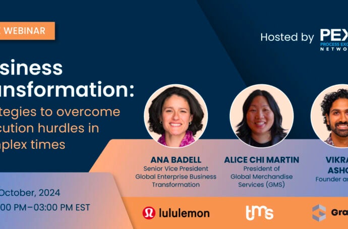 Graphique du webinaire de PEX sur la Transformation des entreprises présentant les trois intervenants.