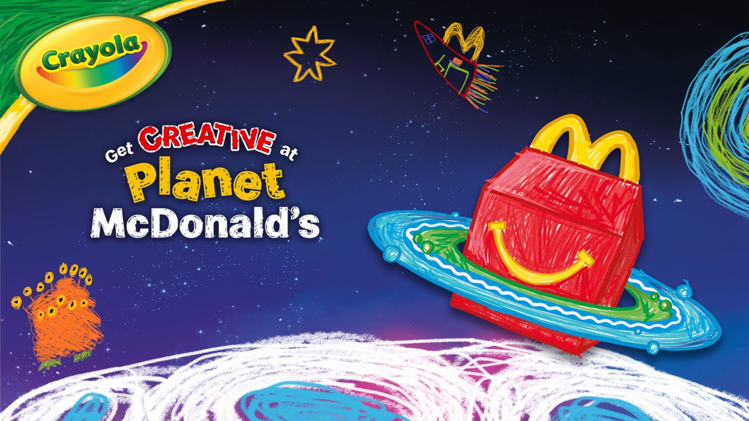 A McDonald's promotional poster with the text "Planet McDonald's" and a drawing of space with a Happy Meal box in the background