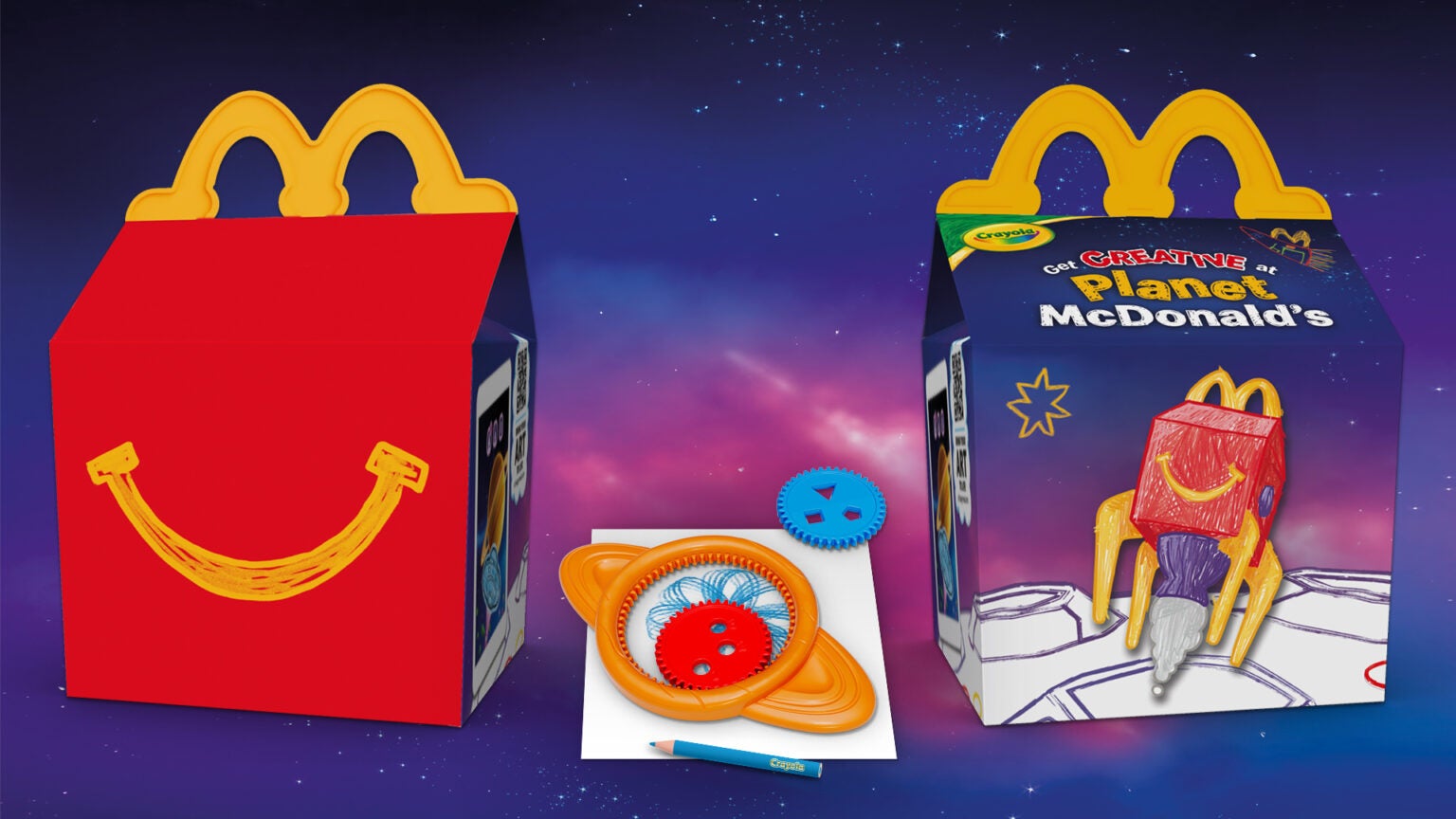 Two Planet McDonald's Happy Meal boxes with an activity kit in the middle in front of a space-themed background