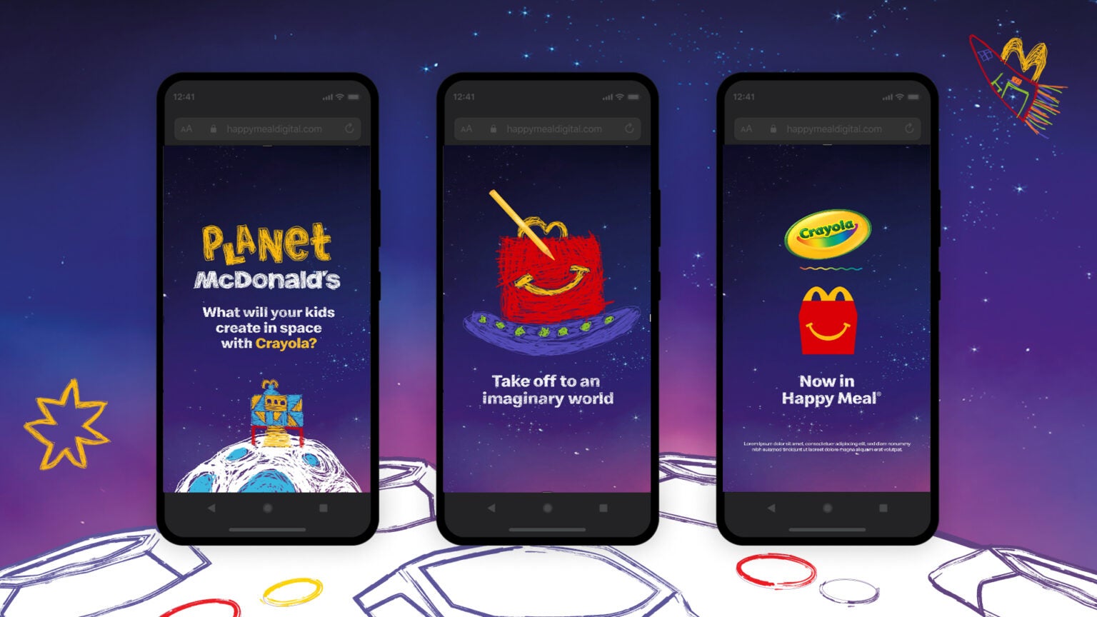 Planet McDonald's digital experience featuring three phone screens with a space-themed background