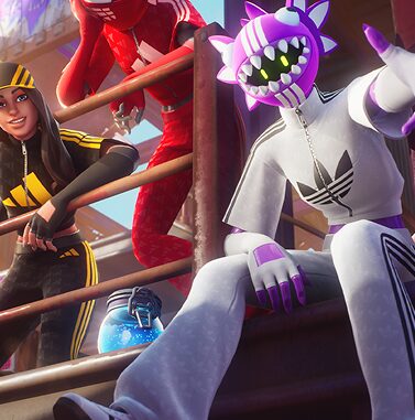 Colorful gaming characters in Adidas outfits sitting on railings.