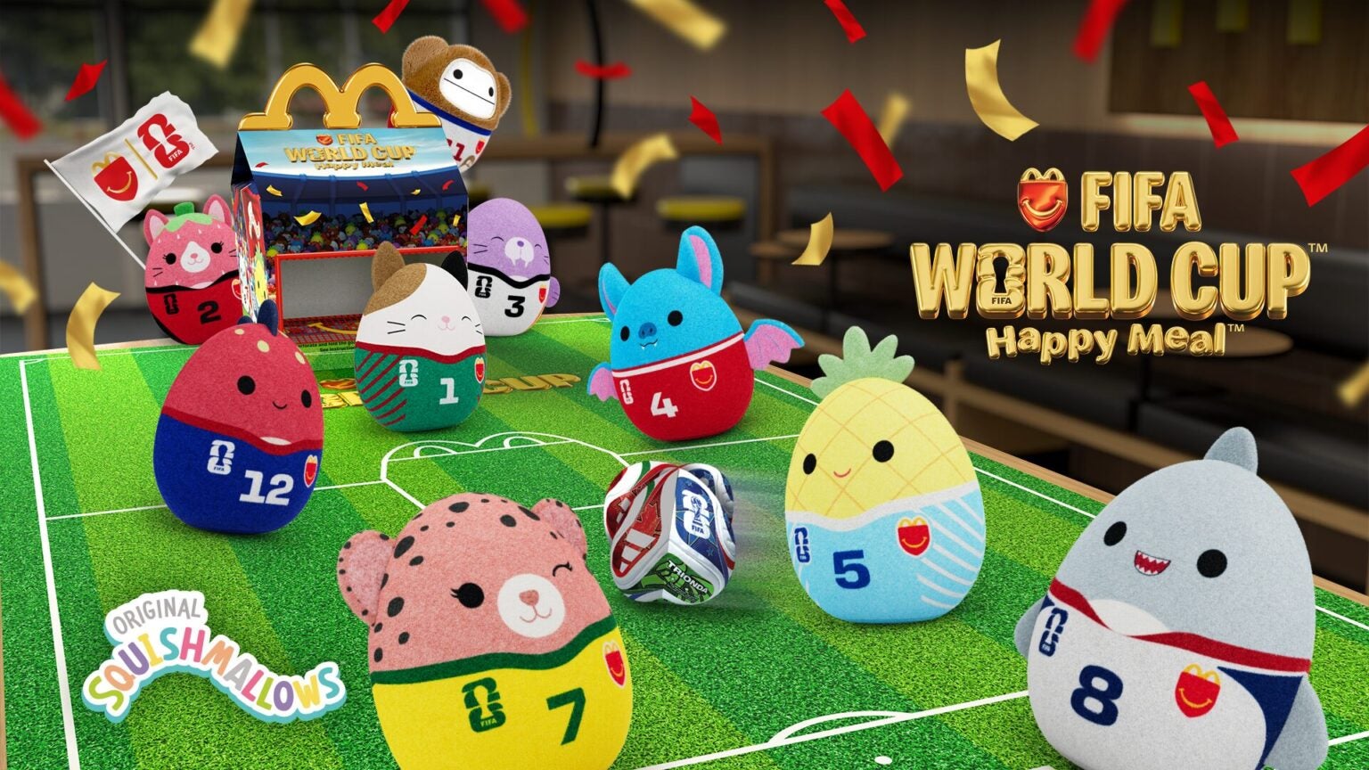 Squishmallows Happy Meal retail poster with an assortment of Squishmallows toys on a soccer field