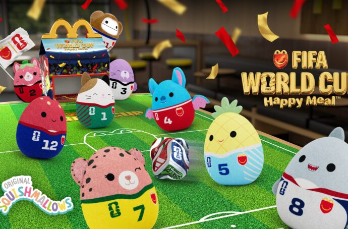 Squishmallows Happy Meal retail poster with an assortment of Squishmallows toys on a soccer field