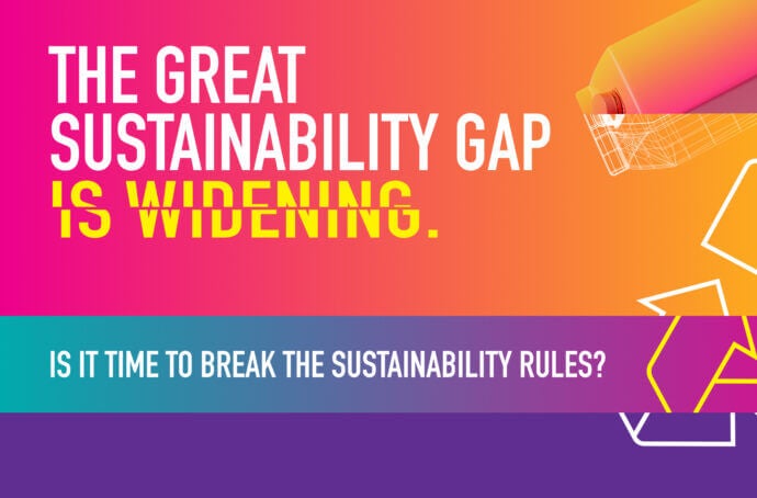 Affiche multicolore avec le texte « L'écart de durabilité se creuse »