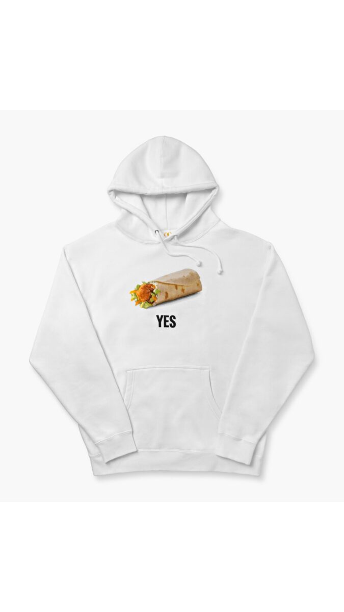 Sweat à capuche blanc Snack Wrap avec un Snack Wrap dessus