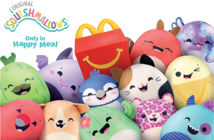Visuel clé de Squishmallows avec des jouets et une boîte Happy Meal