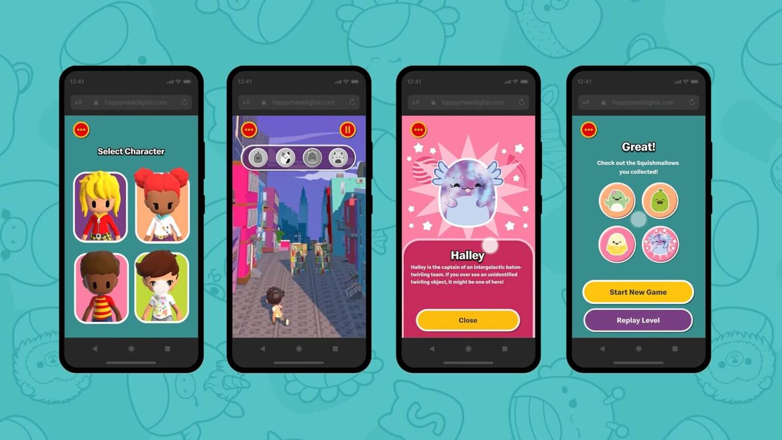 Squishmallows digital experience progression with 4 phone screens