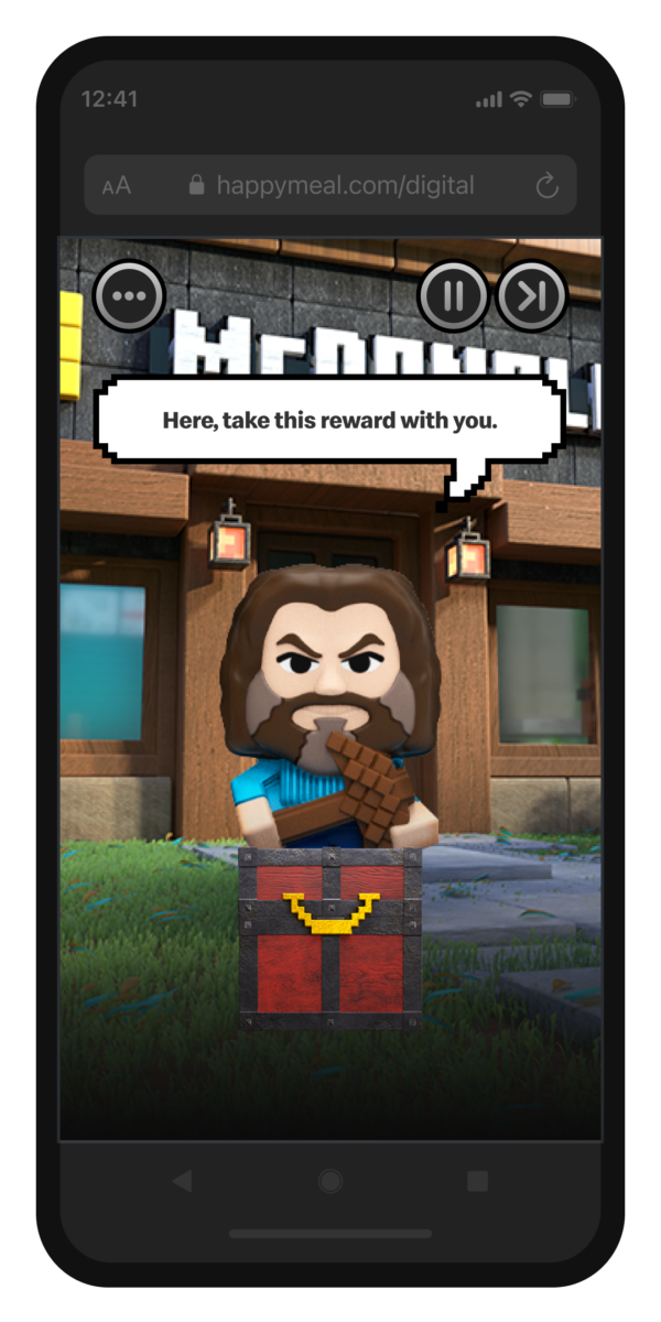 Écran de fin du jeu numérique Happy Meal Minecraft avec un personnage