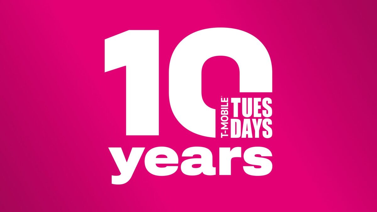 10 years of T-Mobile Tuesdays text in front of a pink background