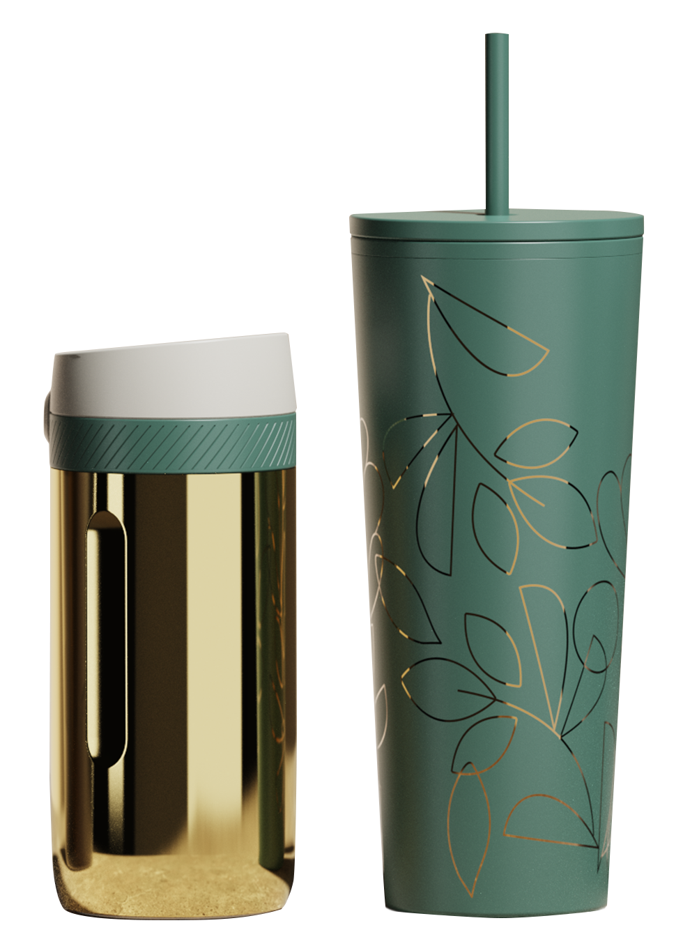 Green and gold drinkware, two cups