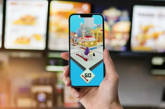 Inside a McDonalds restaurant a hand is seen holding a mobile device displaying the United Kingdom version of McDonald’s Monopoly