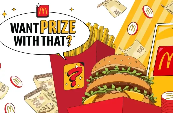Affiche "Want Prize With That?" avec des images représentant des frites, un hamburger et un téléphone