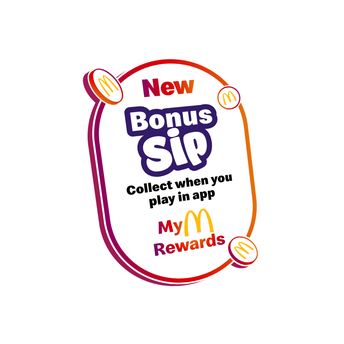 Image ovale avec une bordure rouge et le texte "New Bonus Sips" écrit à l'intérieur avec le logo des récompenses MyMcDonald's en bas.