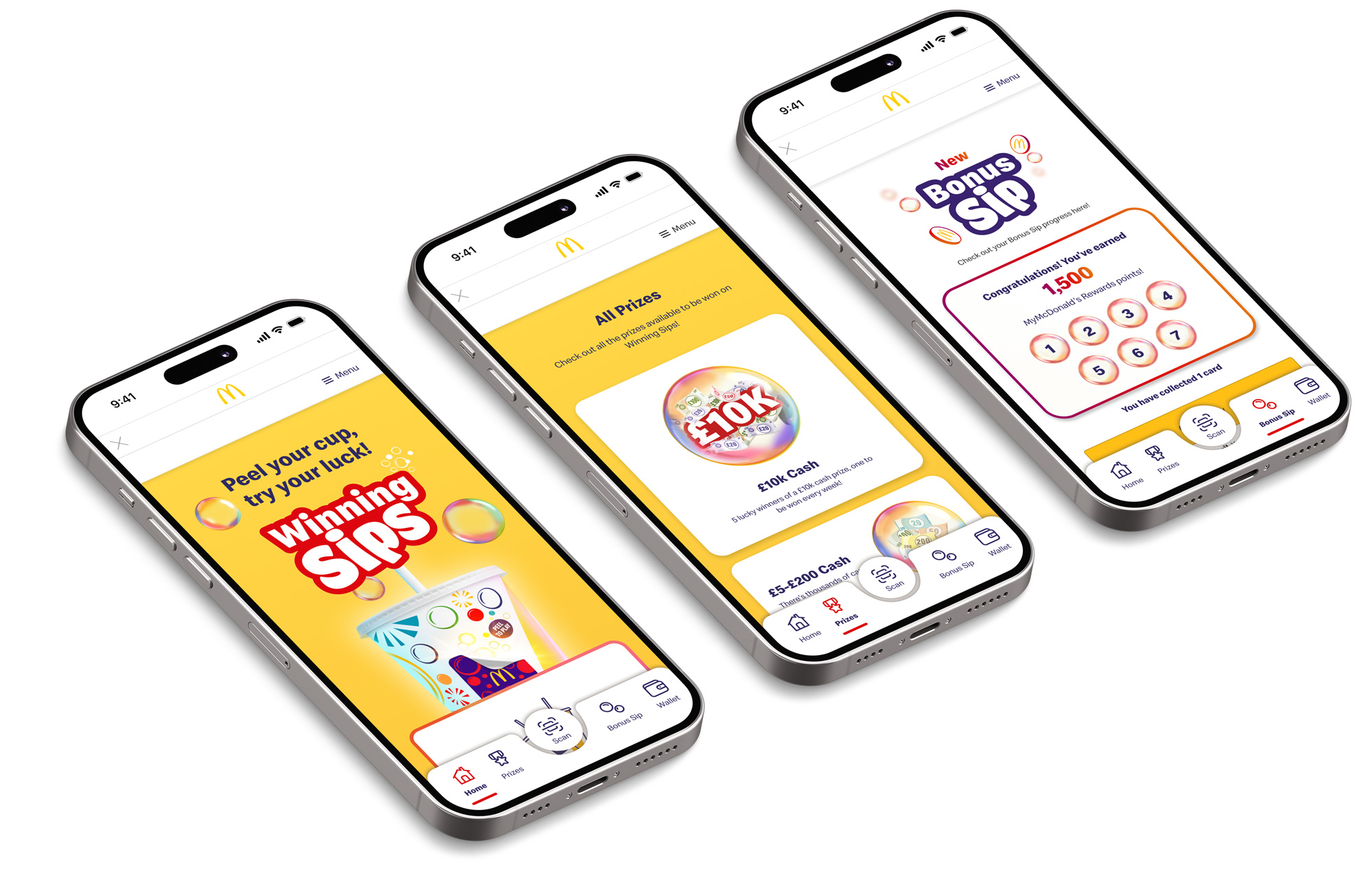 Image of 3 phone screens in the Winning Sips page of McDonald's app