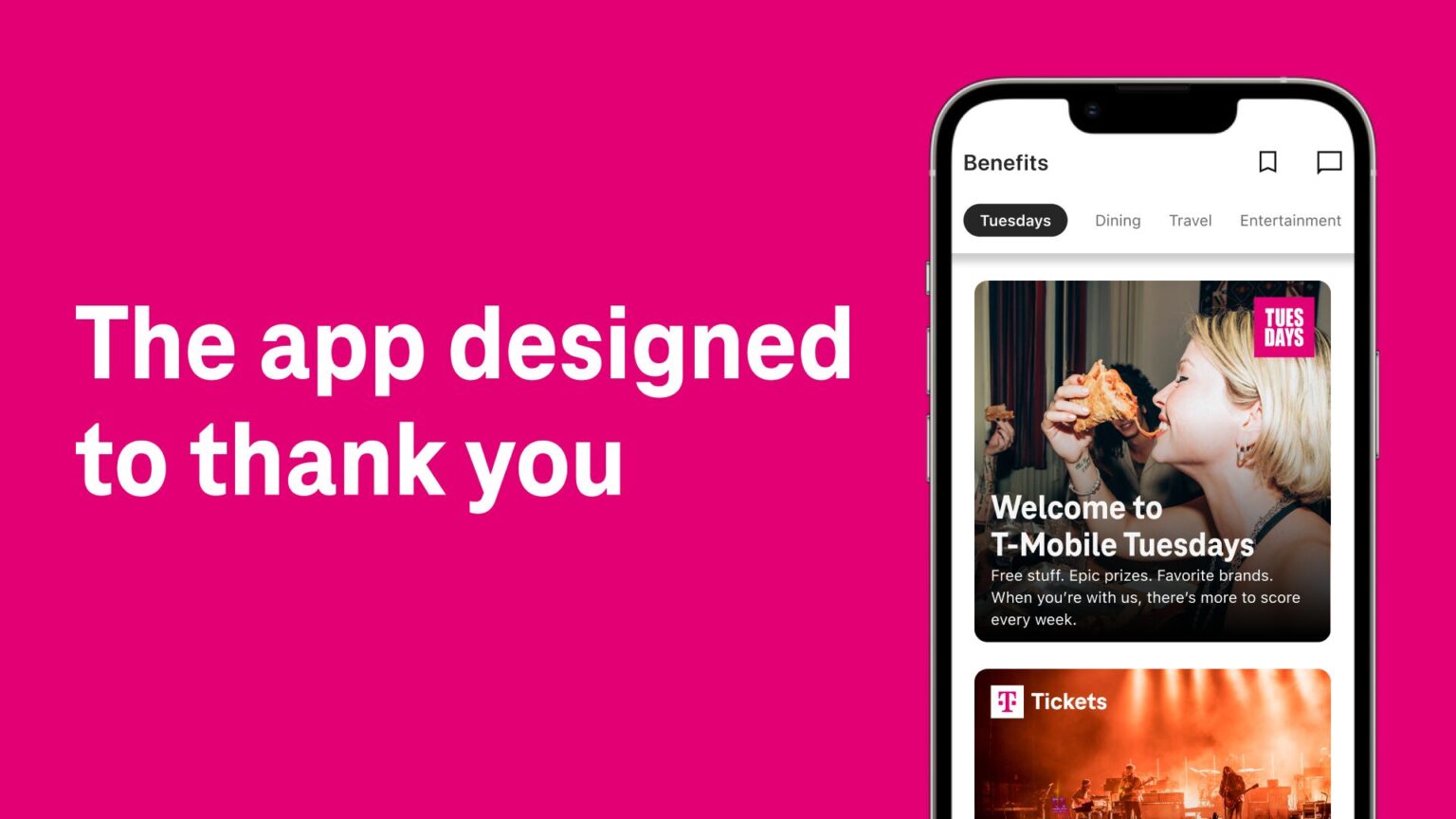 A pink background with the text "The app designed to thank you" on the left and an Iphone screen on the right