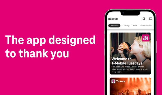 A pink background with the text "The app designed to thank you" on the left and an Iphone screen on the right