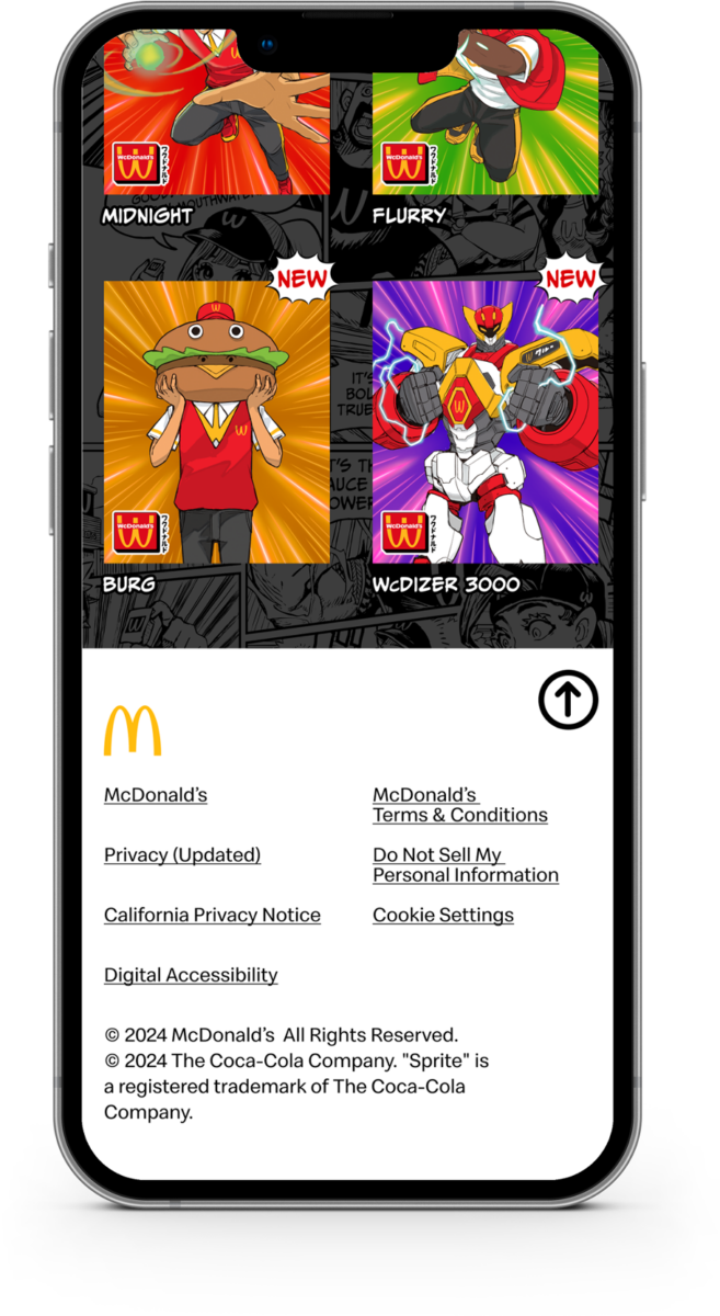 Écran de téléphone avec de brèves descriptions des différents personnages de l'anime WcDonald's