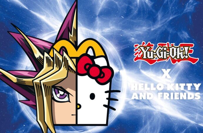 Affiche promotionnelle du Happy Meal Hello Kitty avec un personnage Hello Kitty et Yu-Gi-Oh!