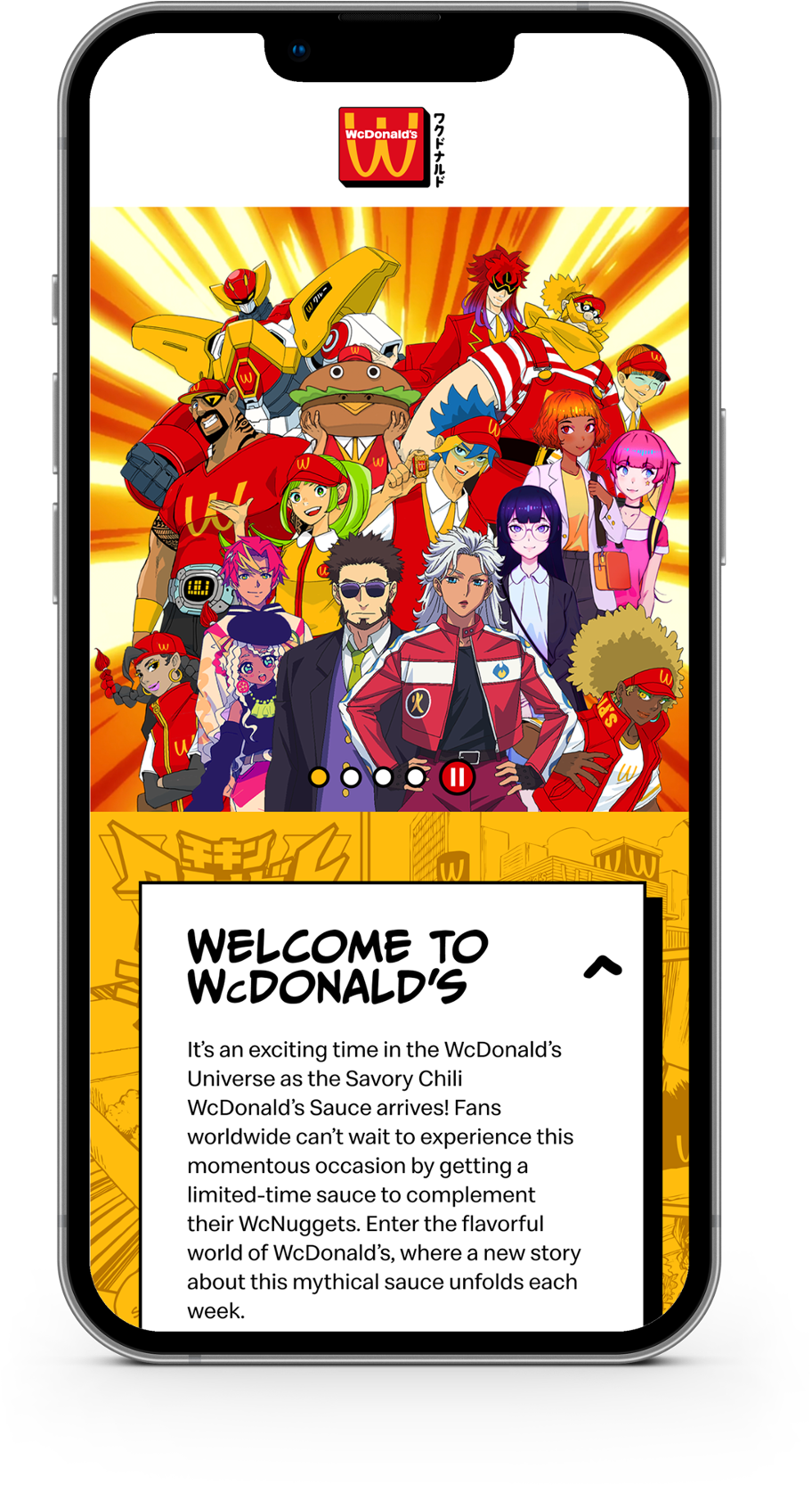 The introduction screen of the WcDonald's anime digital element with anime characters on posing on top.