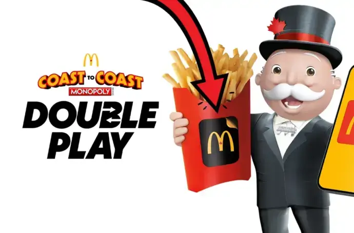 Canada MONOPOLY Double Play logo and Mr MONOPOLY holding fry box and phone