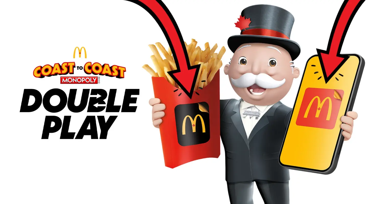 Canada MONOPOLY Double Play logo and Mr MONOPOLY holding fry box and phone