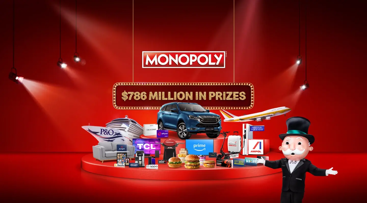 MONOPOLY Australia and New Zealand logo, prizes, and Mr. MONOPOLY