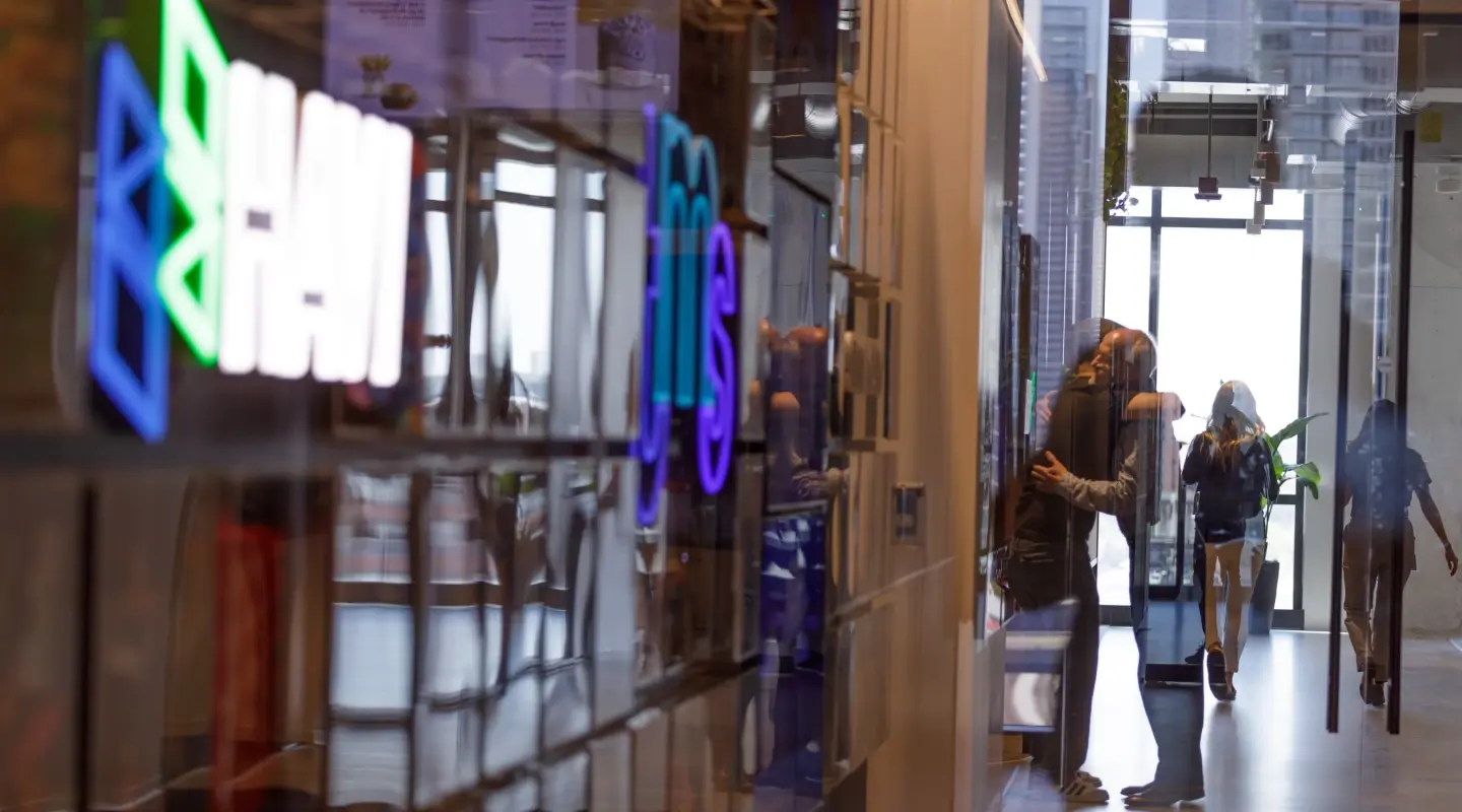 Illuminated HAVI and tms logo at Chicago headquarters