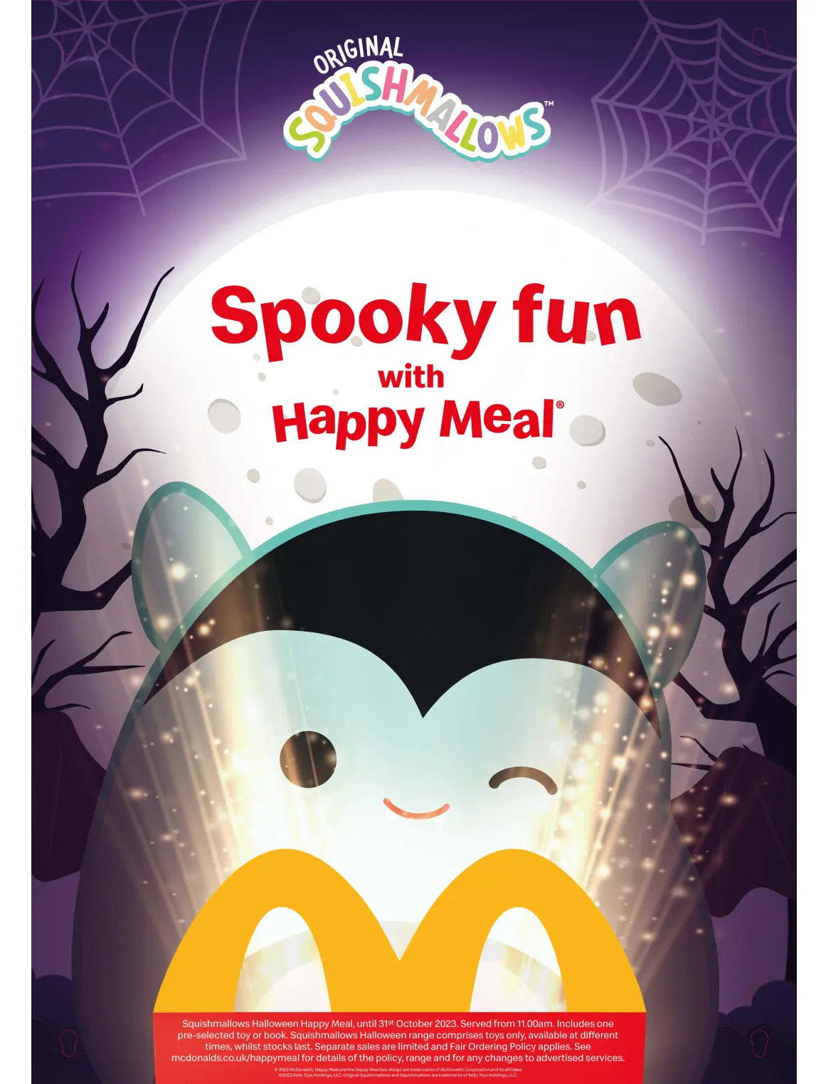 A Squishmallow with a Happy Meal Box and the text "Spooky fun with Happy Meal