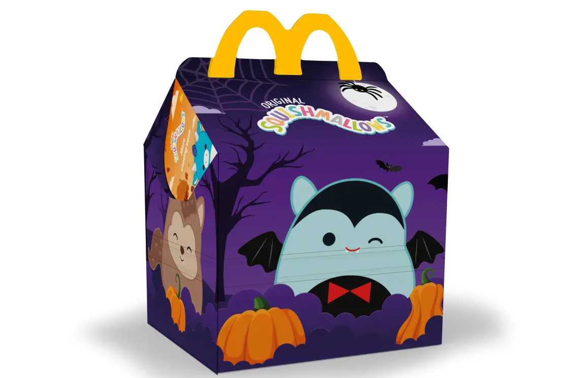 The festive Squishmallows Halloween Happy Meal box with a purple background, pumpkins and Squishmallows toy