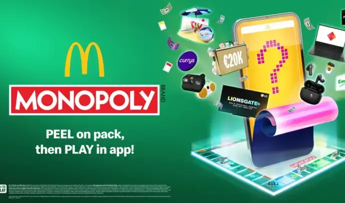McDonald's MONOPOLY logo, game board, and prizes
