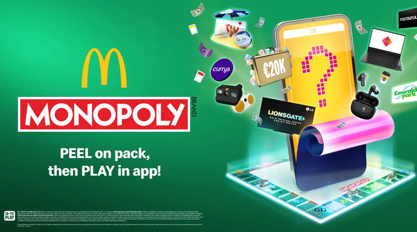McDonald's MONOPOLY logo, game board, and prizes
