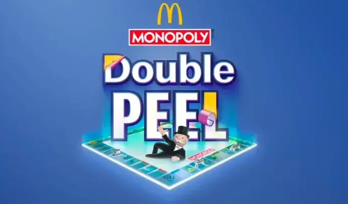 McDonald's Double Peel Monopoly logo featuring Mr. Monopoly on a game board