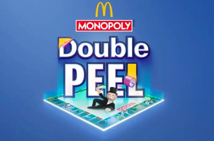 McDonald's Double Peel Monopoly logo featuring Mr. Monopoly on a game board