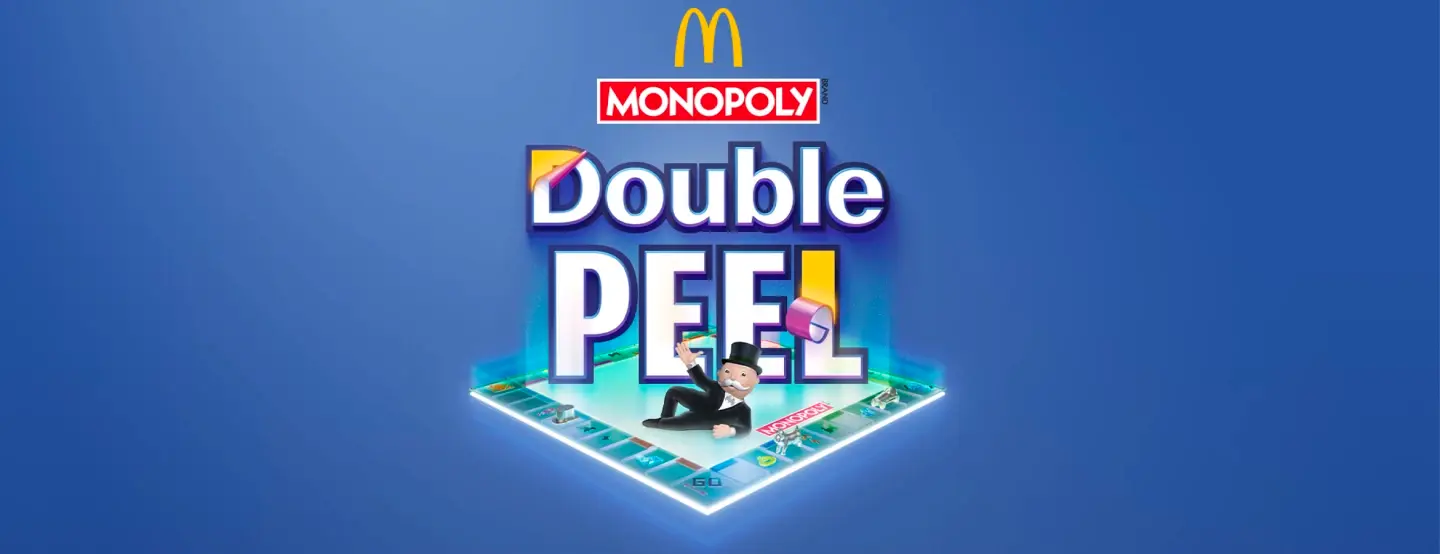 McDonald's Double Peel Monopoly logo featuring Mr. Monopoly on a game board