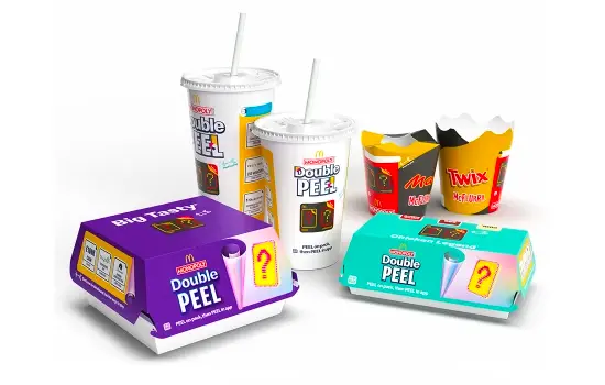 McDonald's Double Peel Monopoly packaging, featuring Big Tasty clamshell, two cold drink cups, Twix and Maltese McFlurries, and Chicken Legend box
